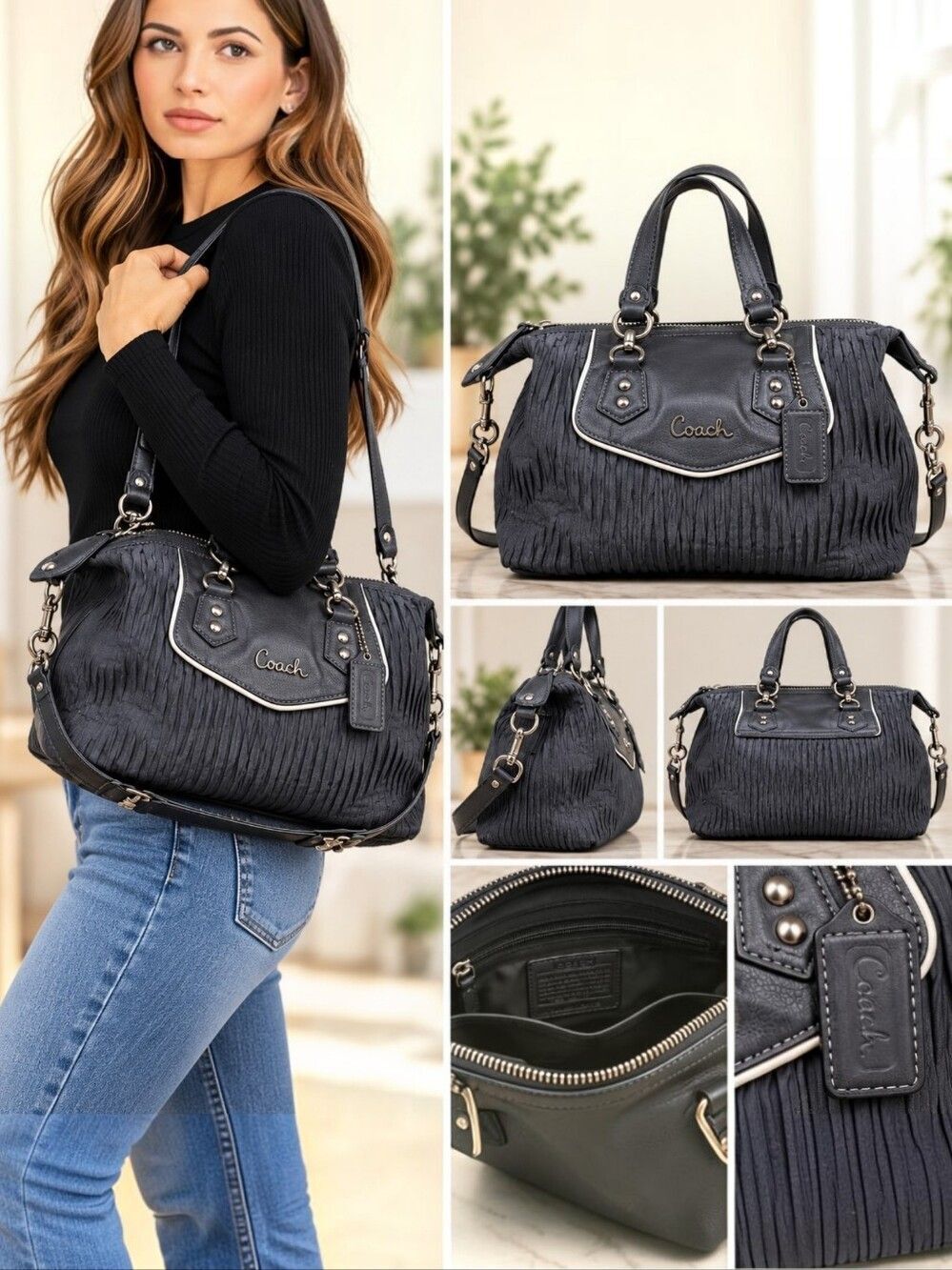 Coach Ashley Gathered Satin Satchel Gray F20084